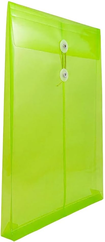 JAM PAPER Plastic Envelopes with Button & String Tie Closure - Legal Open End - 9 3/4 x 14 1/2 - Lime Green - 12/Pack
