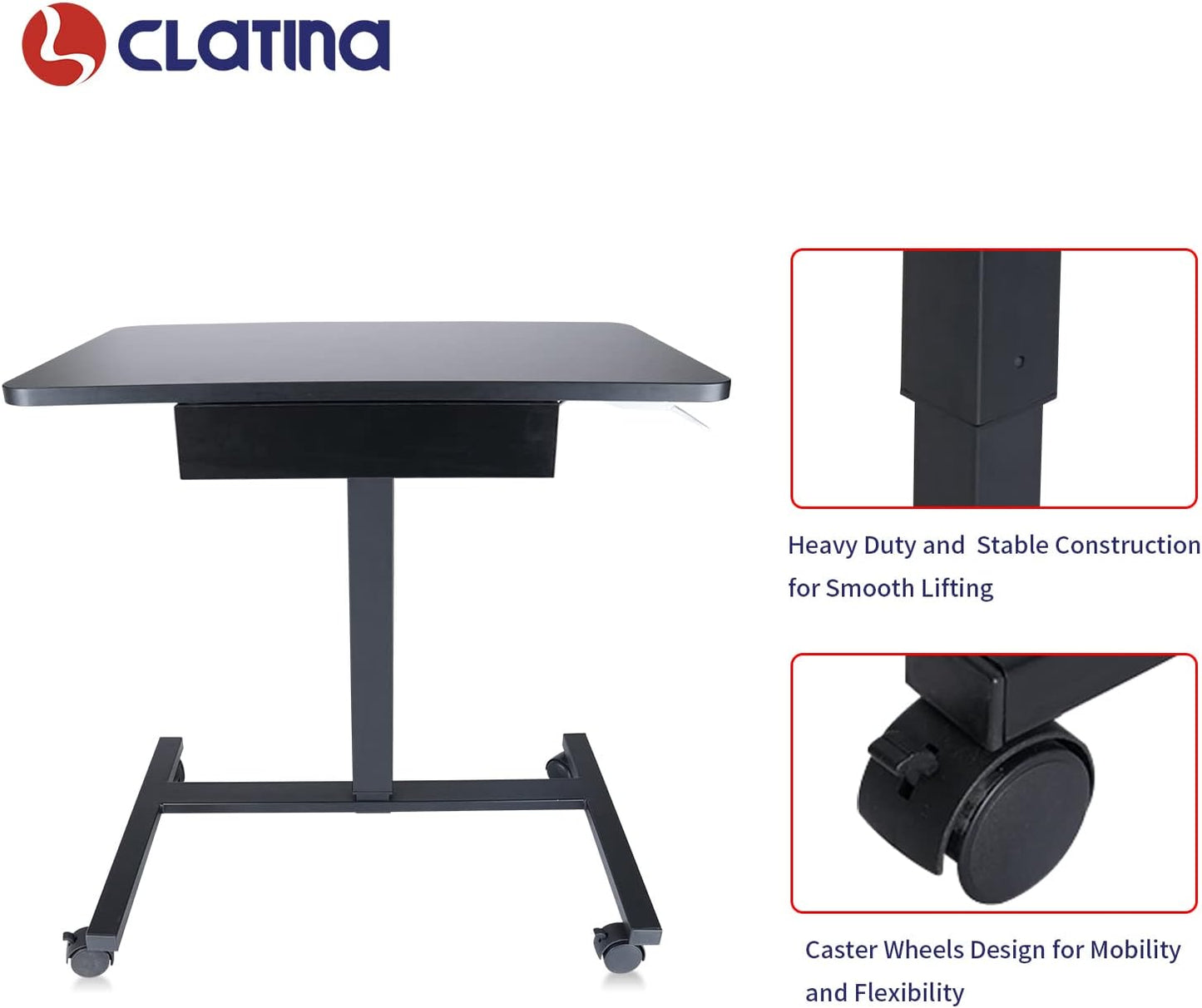 CLATINA Mobile Laptop Standing Desk, Height Adjustable Teacher Podium with Lockable Wheels, Adjustable Work Table with Drawer, Computer Cart Overbed Table for Home Office Classroom, Black