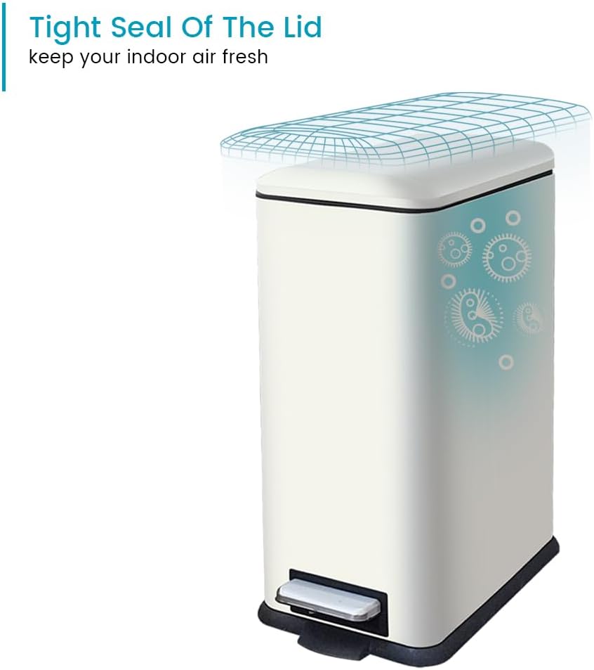 12 Gallon Slim Kitchen Trash Can, Rectangular Trash Can with Removal Inner Bucket and Soft-Close Lid, Foot Pedal, Stainless Steel Garbage Can 45 Liter, White