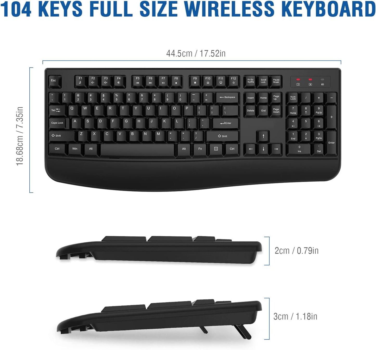 EDJO Wireless Keyboard, 2.4G Ergonomic Full Size Wireless Computer Keyboard with Wrist Rest for Windows, Mac OS Desktop/Laptop/PC(Black)