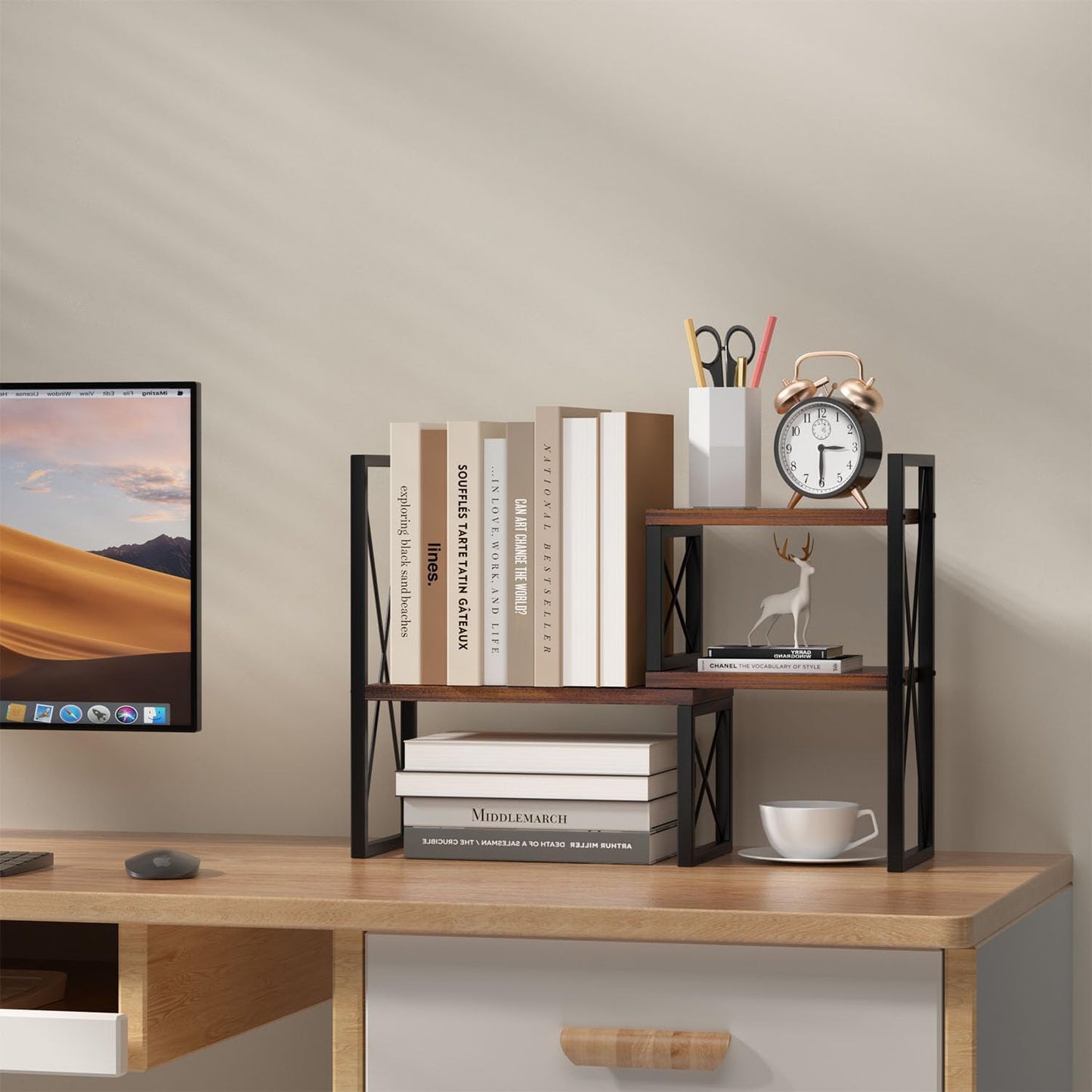 Desktop Shelf Organizer,Small Bookshelf for Office,Wood Desk Top Shelves, Office Organization and Storage (Brown)