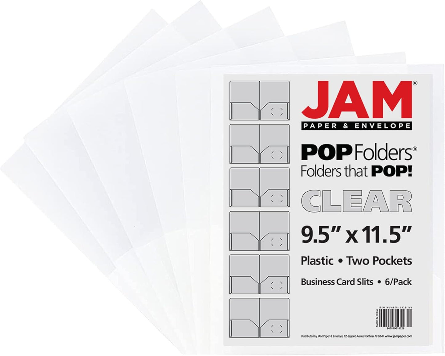 JAM PAPER Plastic 2 Pocket POP Folders - Durable School Folders - Clear - 6/Pack