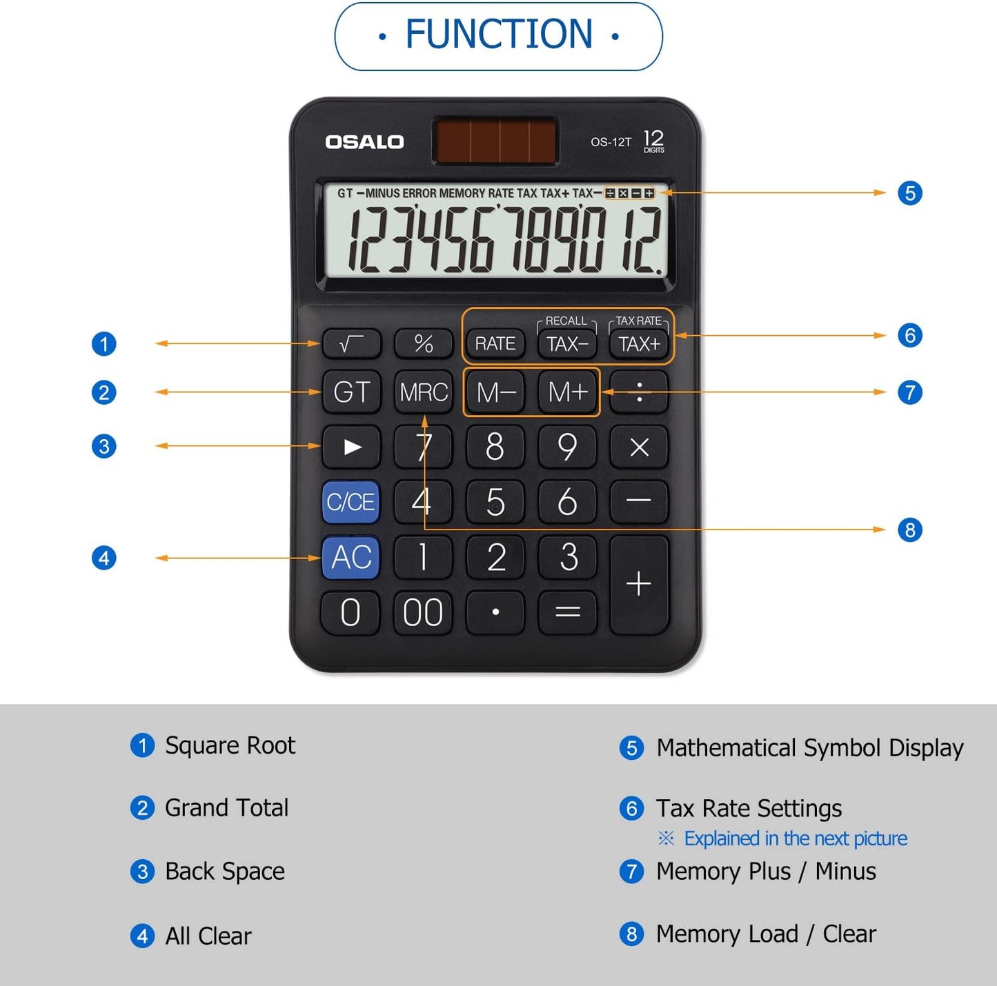 Pocket Small Size Desk Calculator, 12 Digit Large LCD Display, Basic Tax Function Handheld Desktop Calculator with Solar Battery Dual Power, Perfect for Office, School, Business OS-12T (Black)