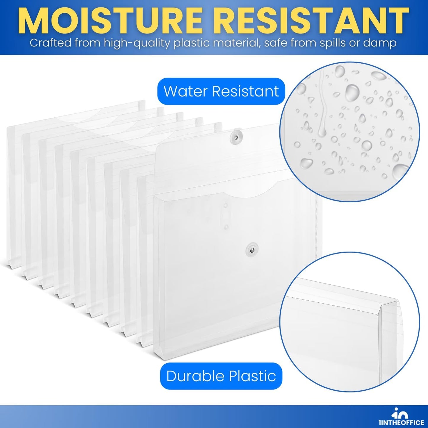 1InTheOffice Poly Envelopes Button & String Closure, Expanding Wallet, Letter Size, Clear, 10/Pack