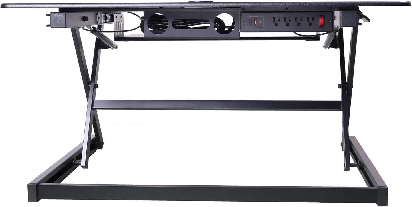 Rocelco 40" Height Adjustable Standing Desk Converter with AC Outlet and USB Charger - Gas Spring Sit Stand Up Dual Monitor Tabletop Riser Workstation - Large Keyboard Tray - Black (R DADRB-40-ACUSB)