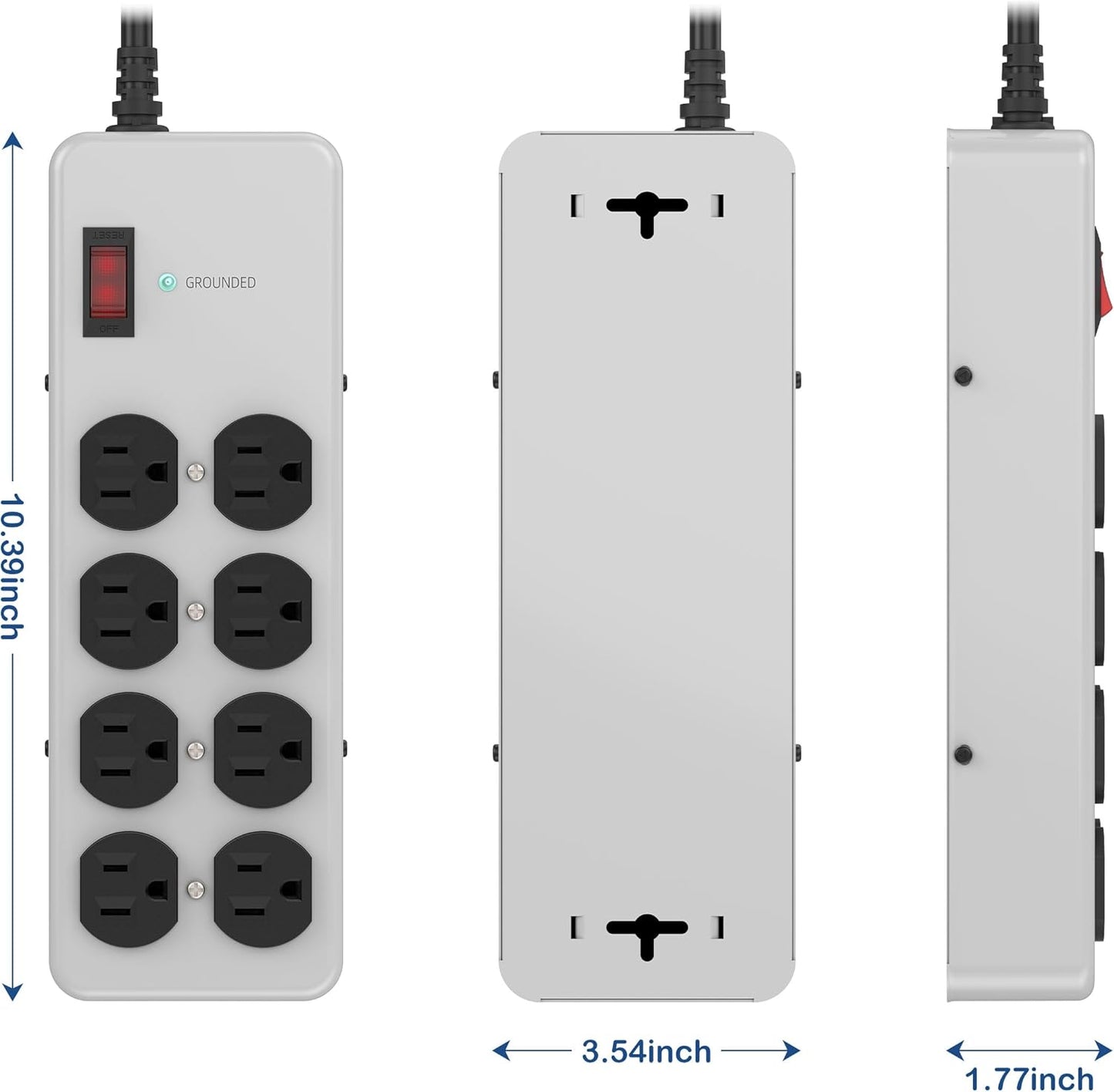 Heavy Duty Power Strip,Industrial Heavy Metal Case Surge Protector,8 AC Outlets,15Amp,2700 Joules,Protected' Indicator,14 Gauge Cord (Grey, 6FT Length)