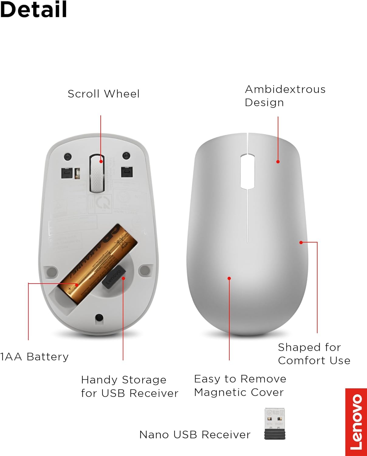 Lenovo 530 Full Size Wireless Computer Mouse for PC, Laptop, Computer with Windows - 2.4 GHz Nano USB Receiver - Ambidextrous Design - 12 Months Battery Life - Platinum Grey
