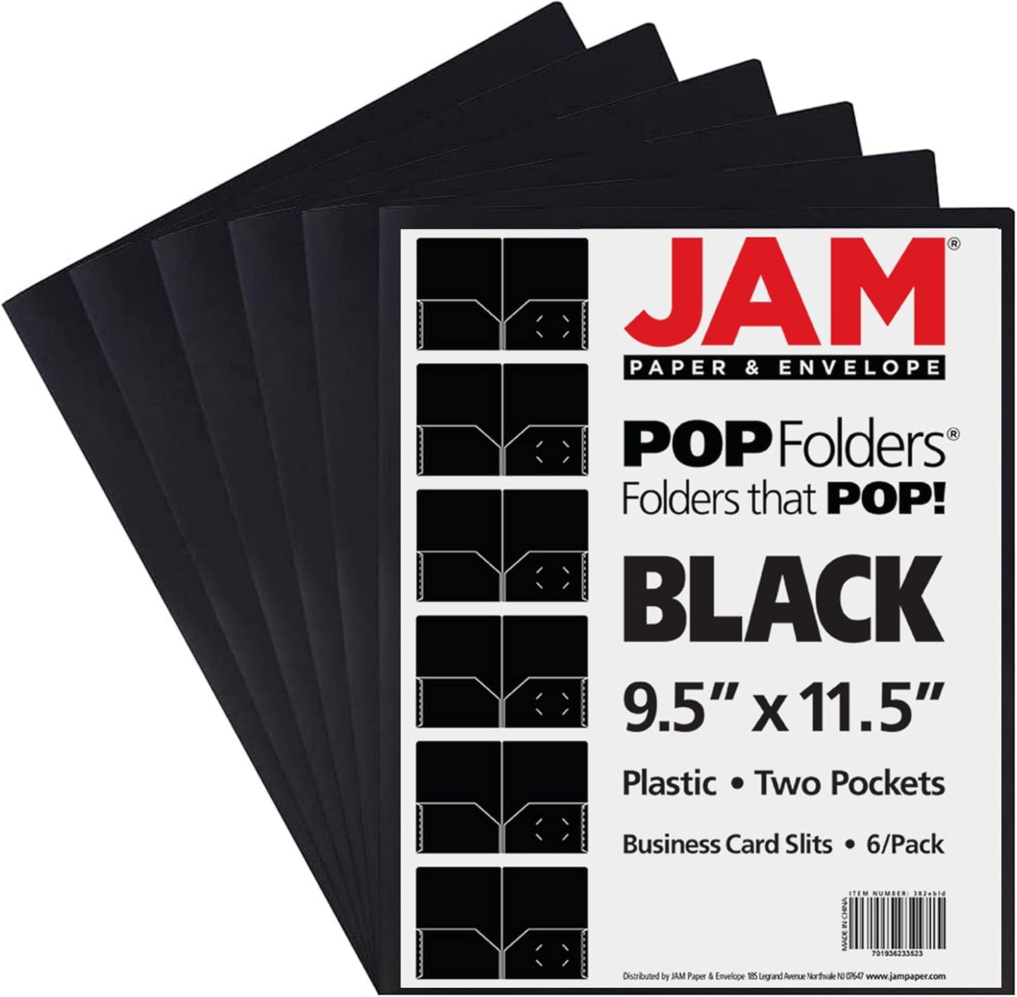 JAM PAPER Plastic 2 Pocket POP Folders - Durable School Folders - Black - 6/Pack