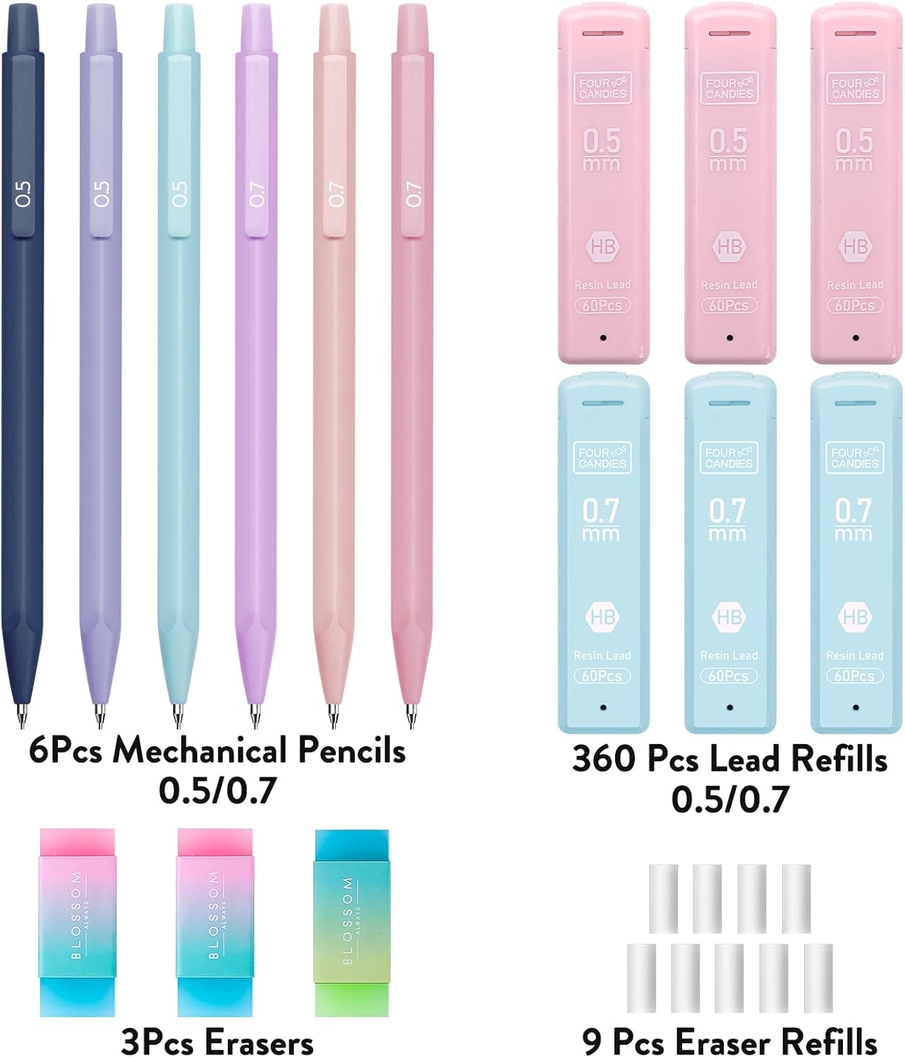 Four Candies Cute Mechanical Pencil Set, 6PCS Pastel Mechanical Pencils 0.5 & 0.7mm with 360PCS HB Leads, 3PCS Erasers and 9PCS Eraser Refills, Aesthetic School Supplies for Girls Writing