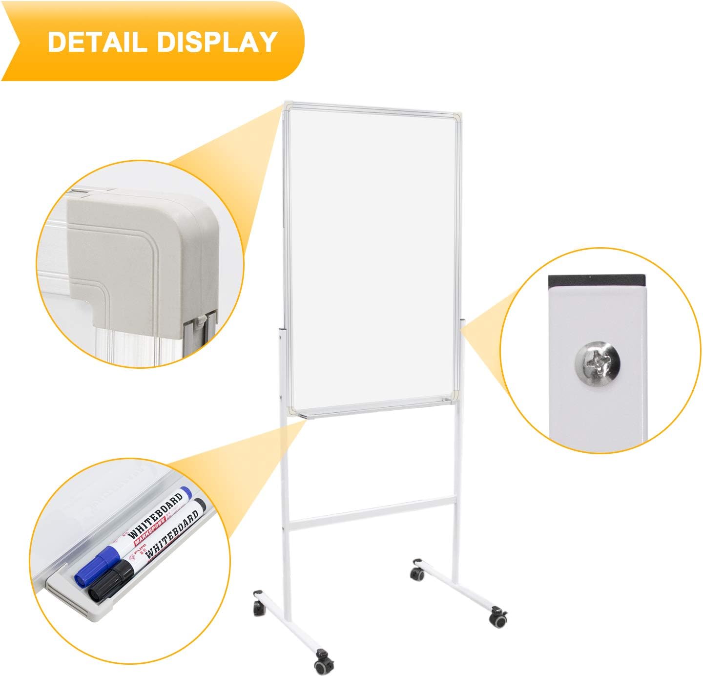 H-Qprobd 24"x36" Dry Erase Board with Stand - Adjustable Height Double Side Mobile Magnetic Rolling Whiteboard on Wheels for Home, Office & School