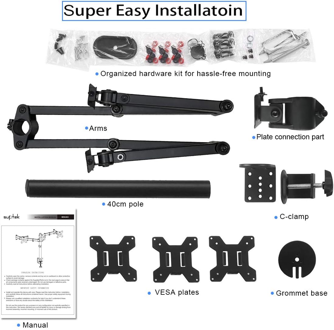 Suptek Triple LED LCD Monitor Desk Mount Heavy Duty Fully Adjustable Stand for 3 / Three Screens up to 27 inch (MD6463)
