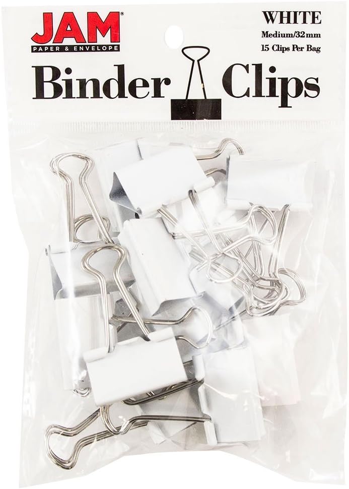 JAM PAPER Colorful Binder Clips - Medium - 1 1/4 Inch (32 mm) - White Binderclips - 15/Pack