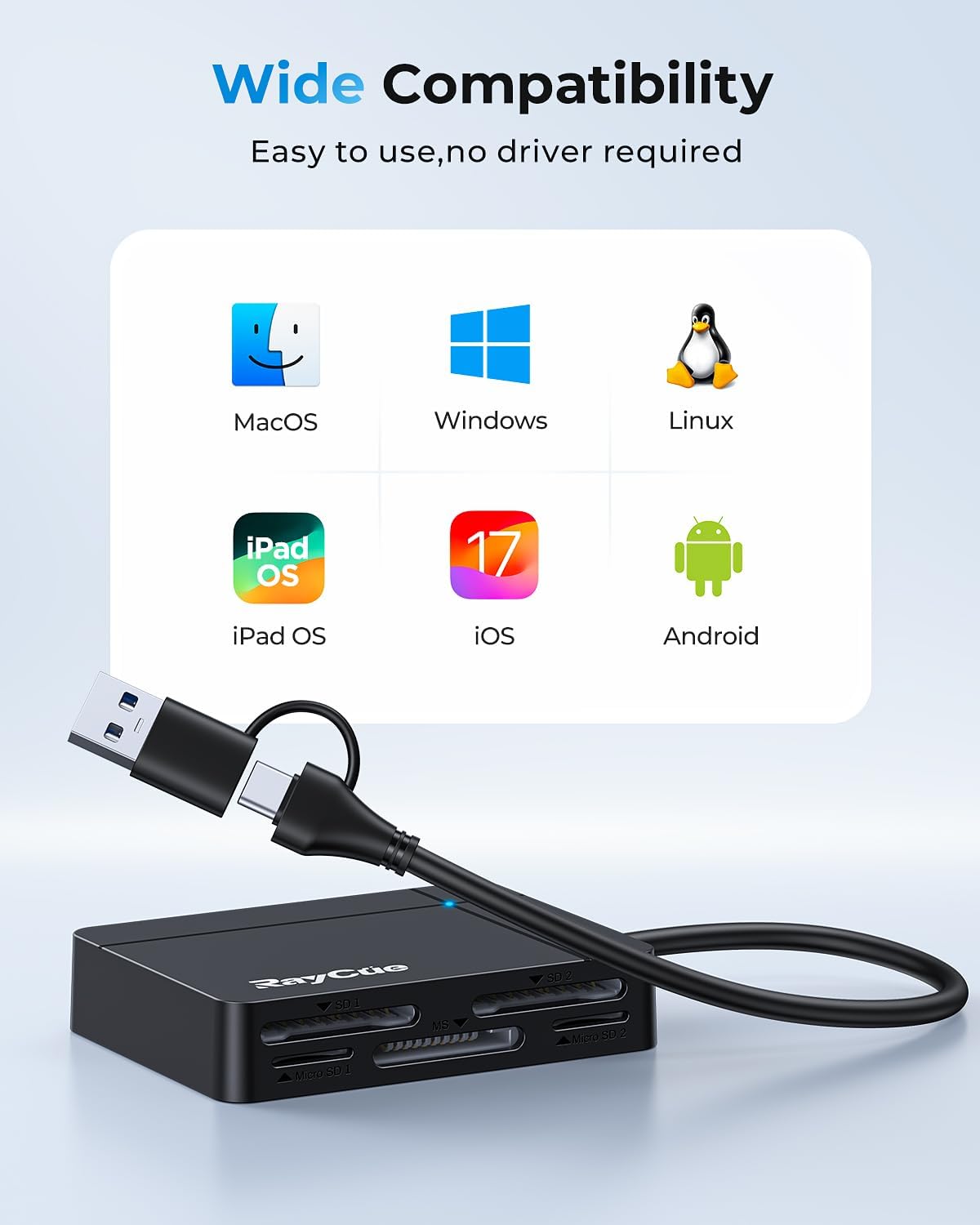 RayCue USB C USB3.0 Multi SD Card Reader, 7 in1 Memory Card Reader for SD/TF/CF/XD/MS, Drive Free for iPhone 15 pro/max, MacBook Pro/Air 2023, iPad Pro, iMac, S23, XPS 17, Surface Book 3 and More