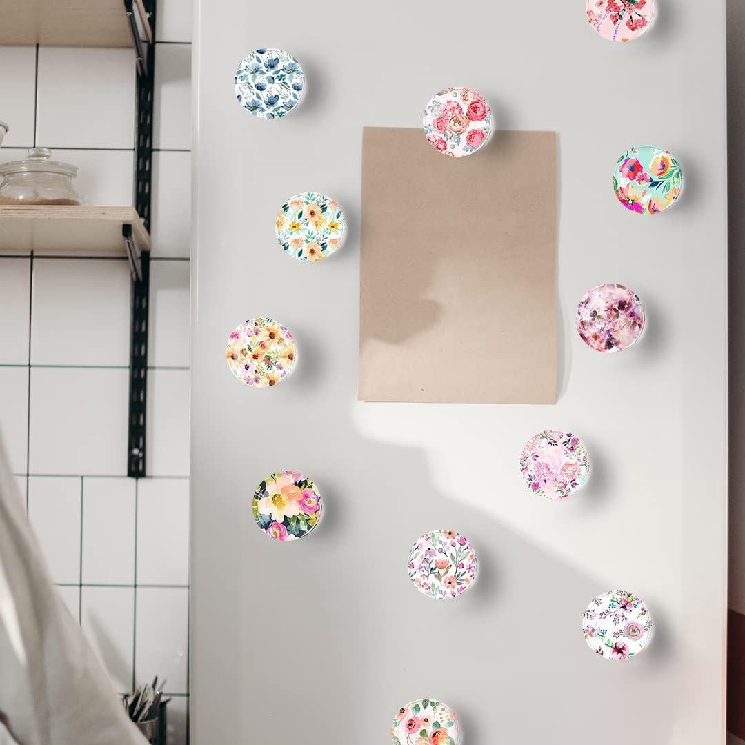 12Pcs Glass Strong Magnetic Refrigerator Magnet Fridge Sticker,Colorful Flowers Crystal Fridge Magnets Decoration for Crafts,Fridge Magnets for Kitchen, Office Whiteboard, Cabinet and Dishwasher