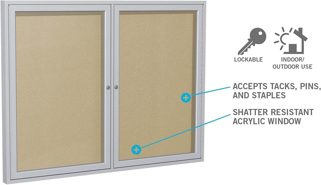 Ghent 24"x18" 1-Door Outdoor Enclosed Vinyl Bulletin Board, Shatter Resistant, with Lock, Satin Aluminum Frame - Silver (PA12418VX-193), Made in The USA