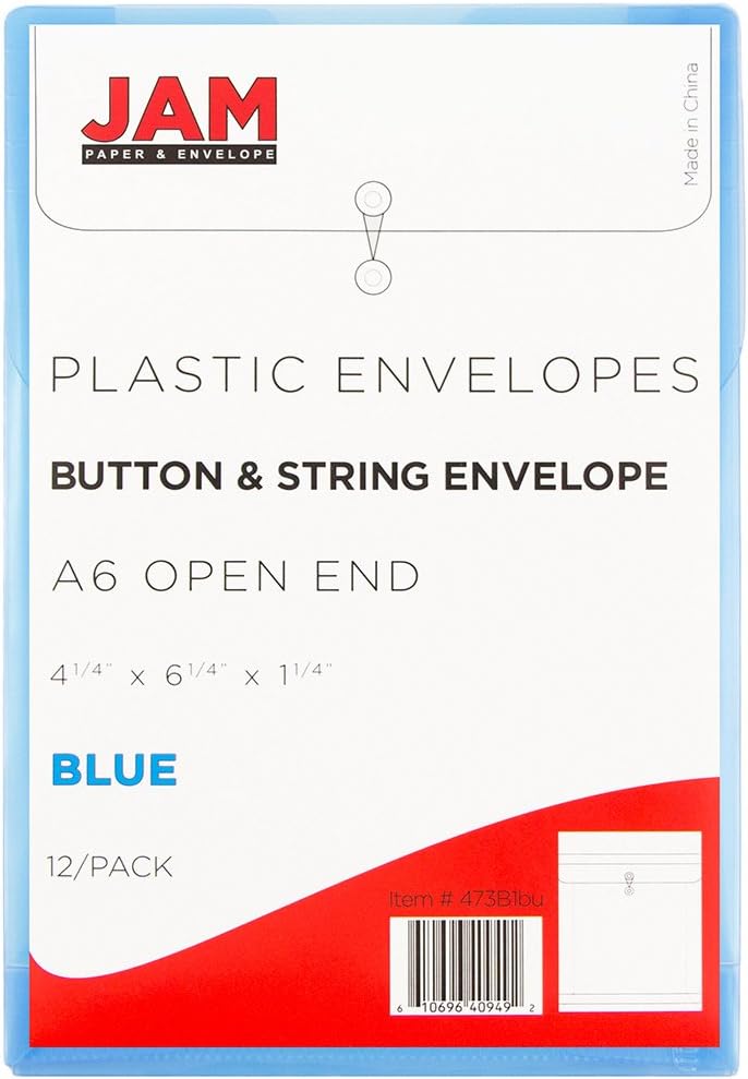 JAM PAPER Plastic Envelopes with Button & String Tie Closure - 4 1/4 x 6 1/4 - Blue - 12/Pack