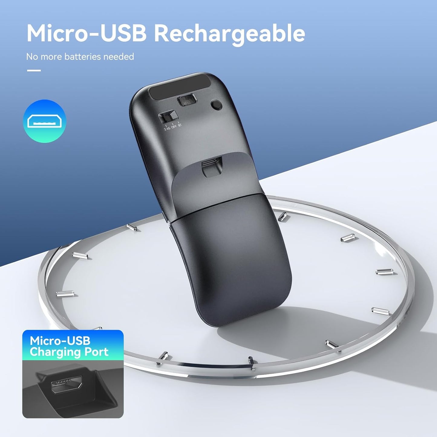 Bluetooth Wireless Arc Travel Mouse, Dual Model (2.4G+BT5.1) Rotating Foldable Mouse for Microsoft, Rechargeable Slim Portable Mice for Laptop, Notebook, PC, MacBook, Chromebook, Lenovo - Black