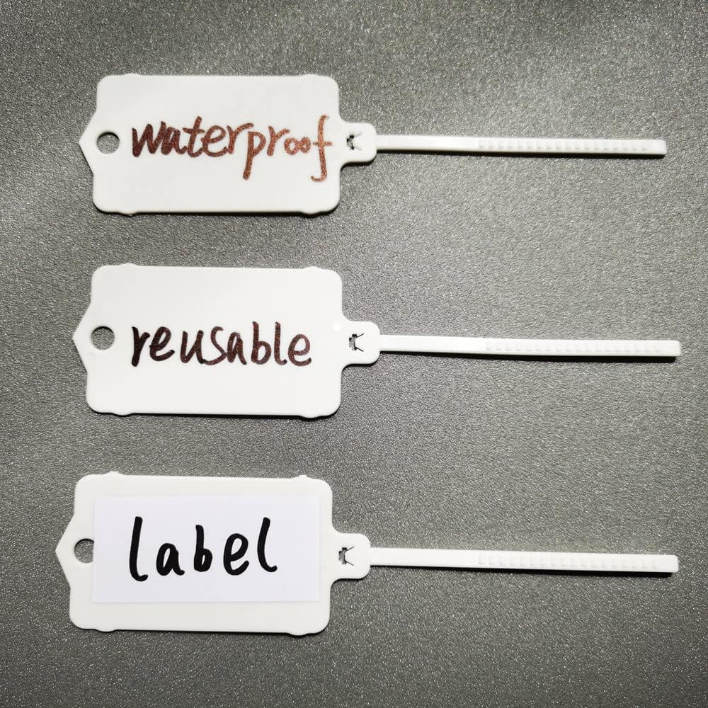 100pcs Reusable Blank Plastic Tags Ties Key Tags 1.45"*2.48" Serrated Tension Sealing Strap with Large Label Plastic Tie Mark Label Waterproof Hang Sign Write on Tag (White, 100pcs)