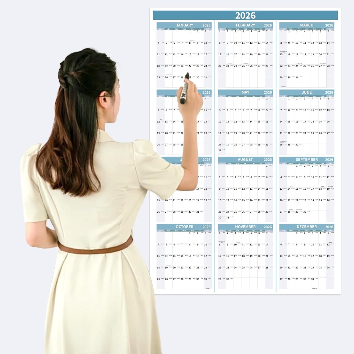 2026 Wall Calendar 34.8" x 22.8" Large Vertical Yearly Wall Hanging Calenda with Julian Date Thick Paper Calendar 12 Month Annual Wall Planner for Wall Office Fridge(Light Blue)