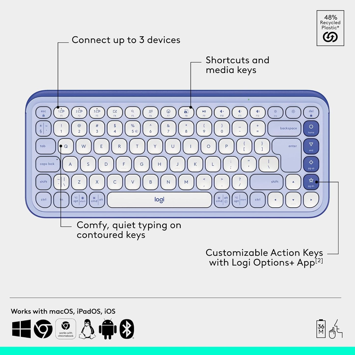 Logitech POP ICON Combo, Bluetooth Keyboard and Mouse Combo, Comfortable Typing, programmable Keys and Buttons, Quiet clicks, Easy-Switch up to 3 Devices - Lilac
