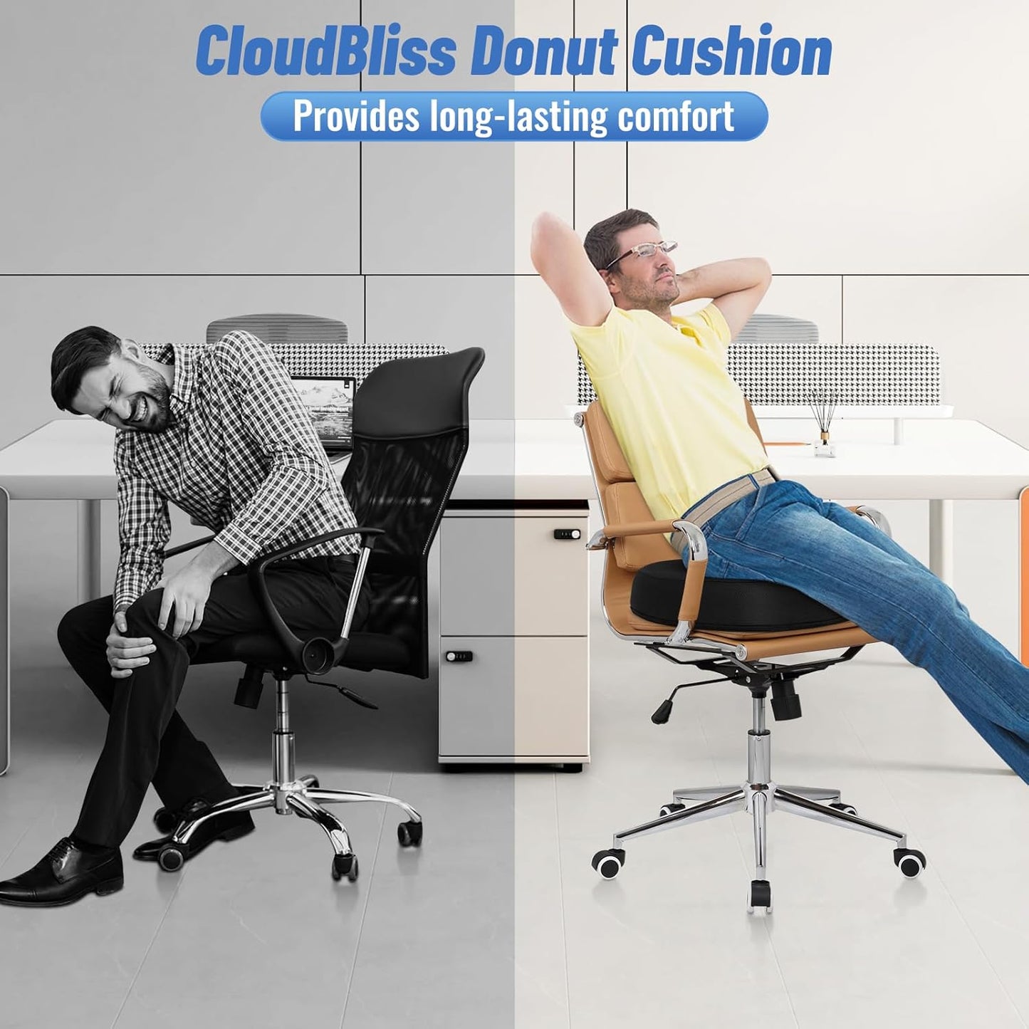 CloudBliss Donut Pillow Seat Cushion for Tailbone Pain Relief and Hemorrhoids, Memory Foam Chair Cushion, Seat Cushions for Men and Women for Home & Office, (Black-XL)