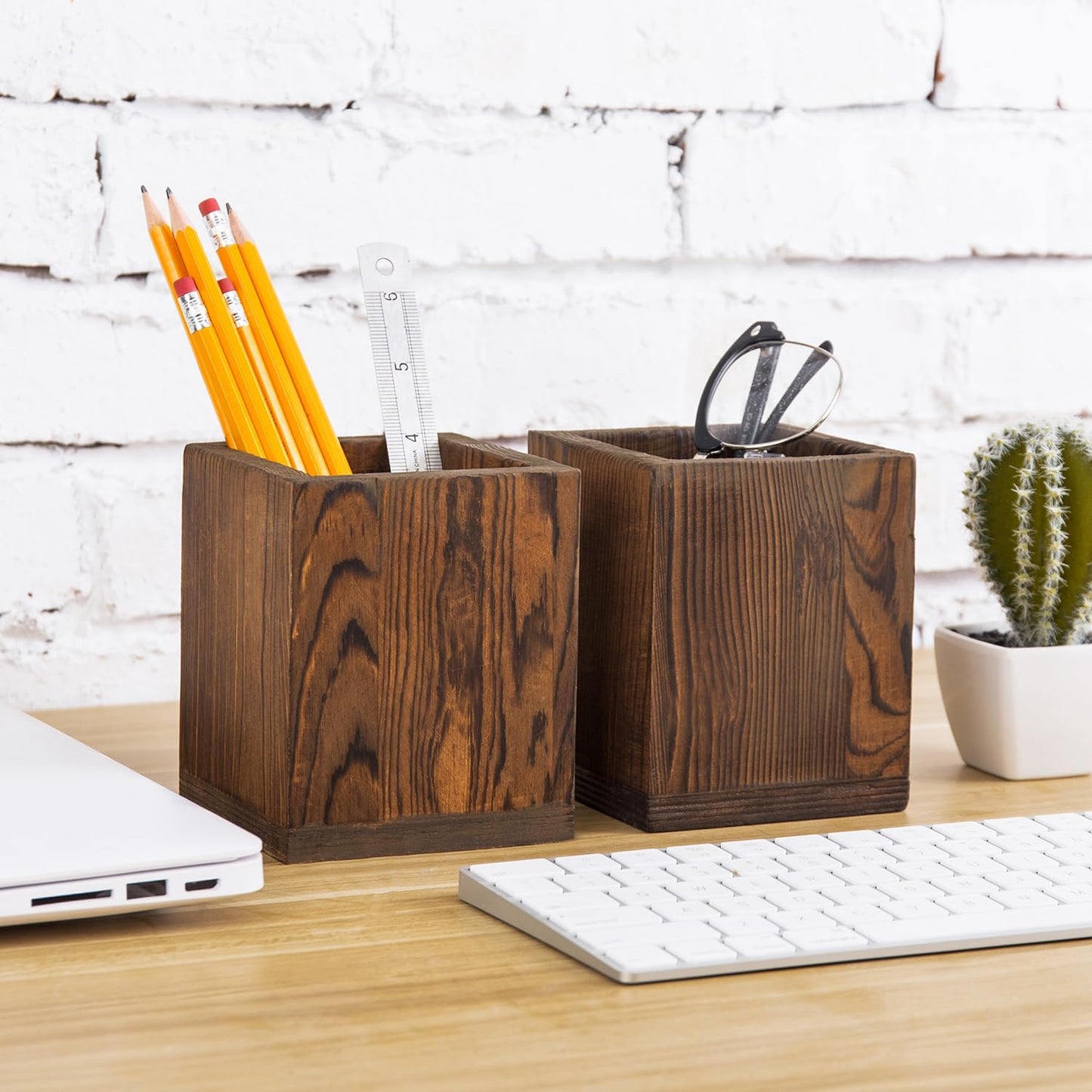 MyGift Set of 2 Natural Grain Wood Desktop Pen Holder Pencil Holder Cup, Office Dorm Home Desk Supplies Organizer