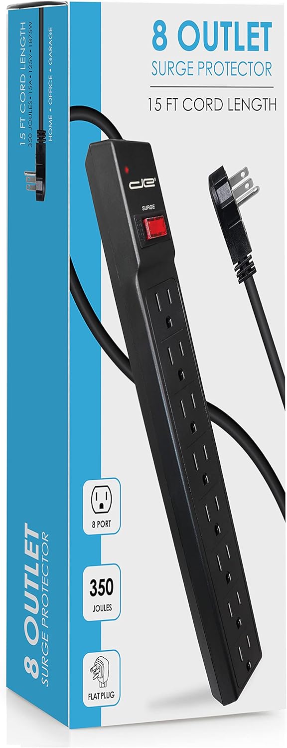 Digital Energy 15 FT 8 Outlet Surge Protector Power Strip - 15 AMP, 1875 W, 125 V, 350 J Surge Protection, ETL Listed - Flat Plug, Black