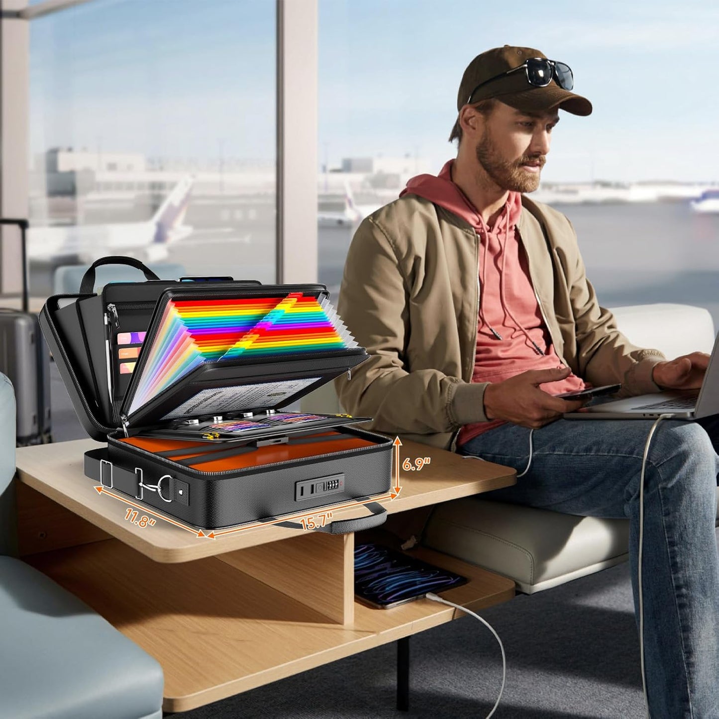 Fireproof Document Box with Lock, Hard-Shell Case File Organizer with 24 Pocket Accordion File Folder, Portable Safe Box with Shoulder Strap for Home Important Documents Laptop Black