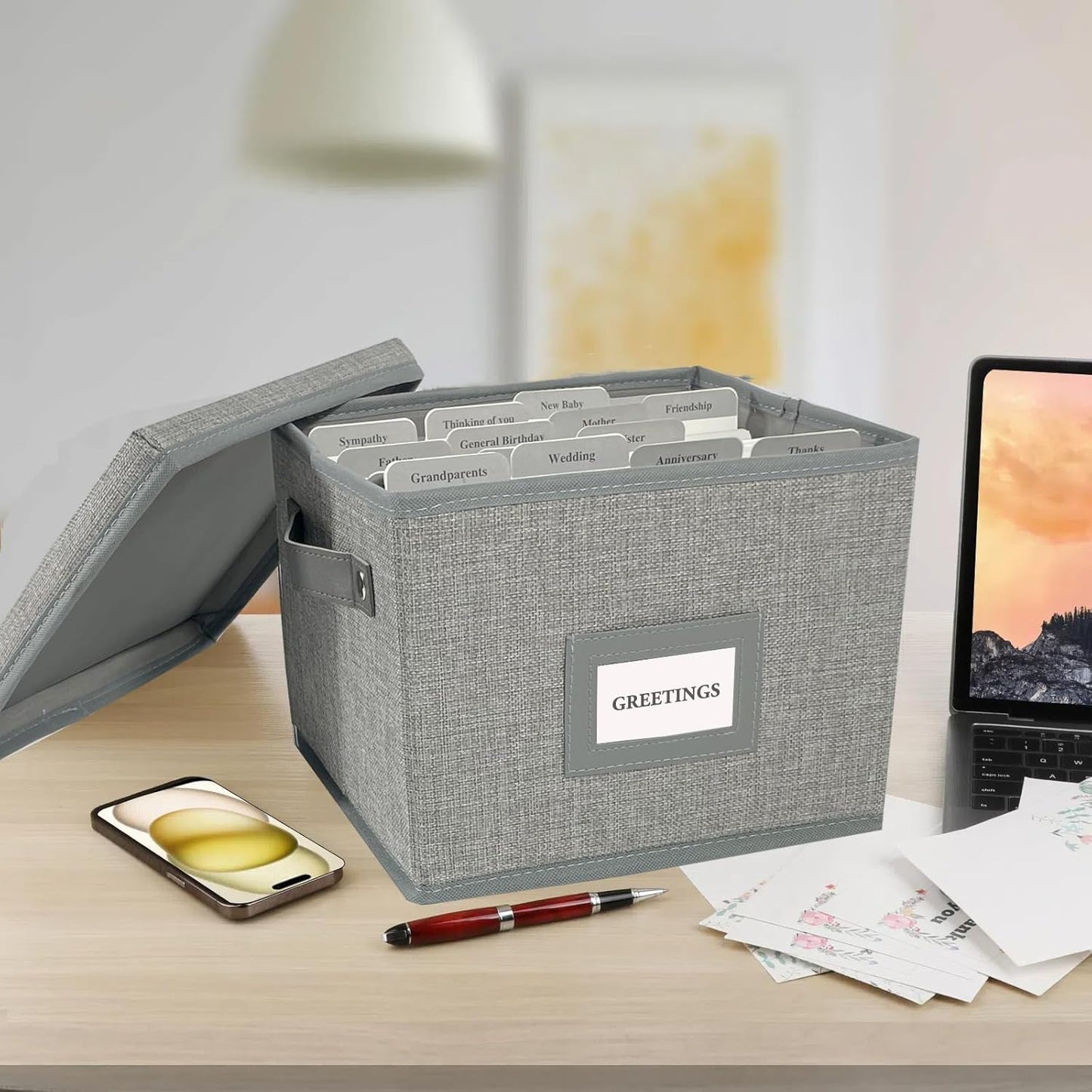 Greeting Card Organizer Box with 16 Dividers,Collapsible Greeting Card Storage Box with Handles Hold 150+ Cards,Greeting Card Holder for Greeting Cards,Sticker, Recipes, Photo, Envelope (Gray, 1 pcs)