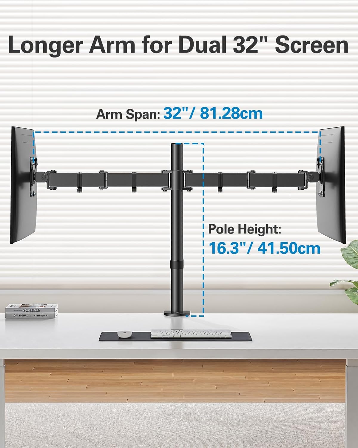 HUANUO Dual Monitor Desk Mount, Heavy-Duty Steel Adjustable Arm for 13-32 Inch Screens, Tilt, Swivel, Rotate, C-Clamp & Grommet Base, Holds up to 17.6 lbs per Arm, VESA 75/100mm
