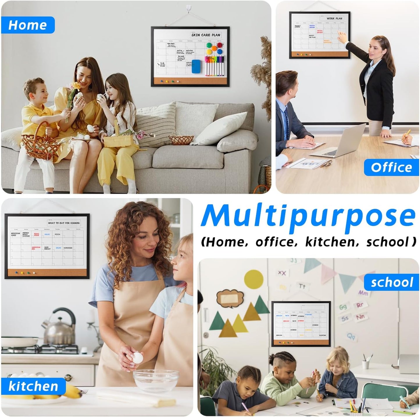 Dry Erase Calendar Whiteboard, 17" x 13" Magnetic Whiteboard Cork Board Combo, Reusable Monthly Planner with 8 Markers, Eraser, Magnets and Pushpins, Hanging Dry Erase Board for Home, School - Black