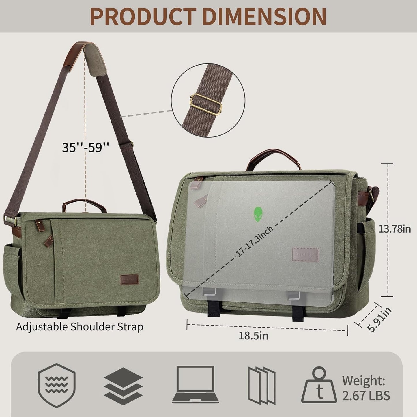 ESTARER Men's Messenger Bag 17.3 Inch, Water-resistant Canvas Laptop Bag, Computer Shoulder Bag for College Travel Work, Army Green