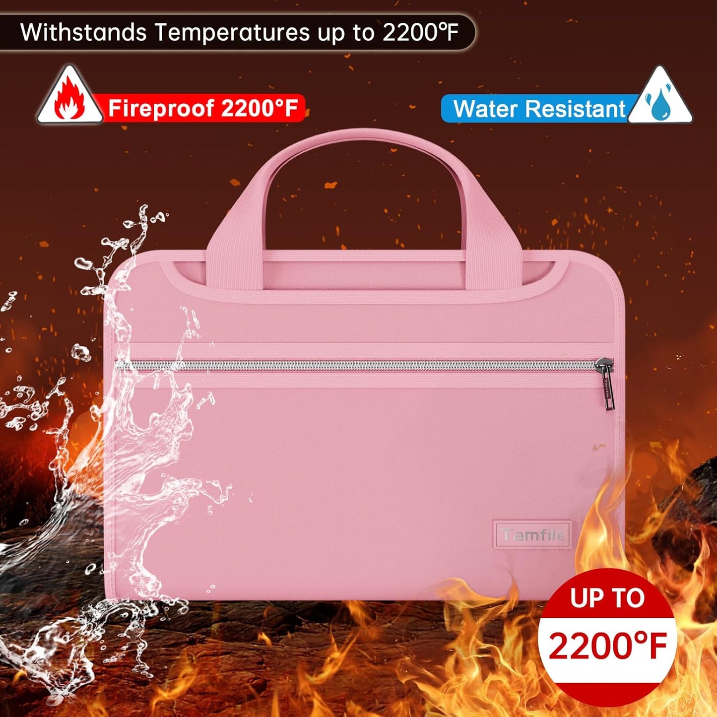 Tamfile Fireproof Accordion File Organizer with Handle, 13 Pocket Expanding File Folder with Zipper & Labels, File Folder with Multi-Pockets Paper Organizer Folder for Letter A4 Files, Pink