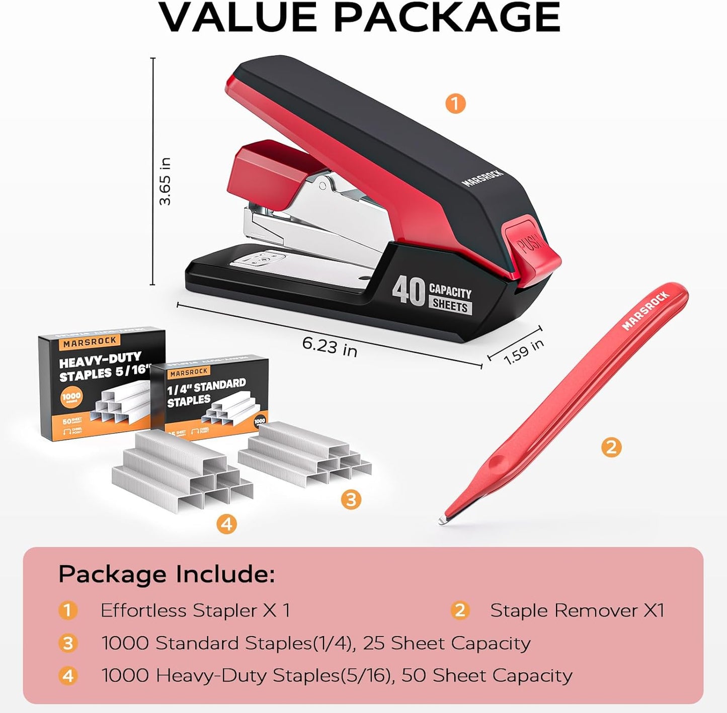 Effortless Stapler for Desk with 40-50 Sheet Capacity, 2000 Staples, 1-Touch Stapling, Ergonomic & Easy to Load Desktop Staplers, Heavy Duty Stapler, and Magnetic Staple Remover, Red
