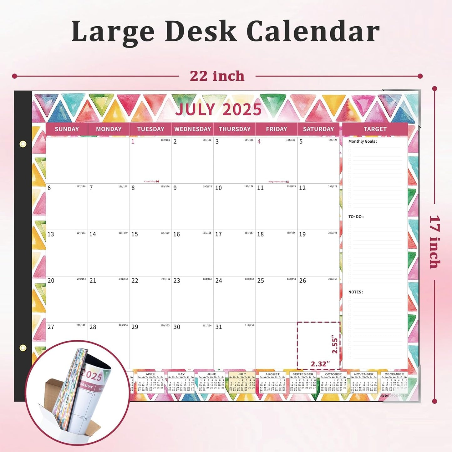 Ospelelf Desk Calendar 2025-2026 Large 22"x17" Monthly Family Planner Pad with Protective Cover 18 Months July 2025 to December 2026 Geometry