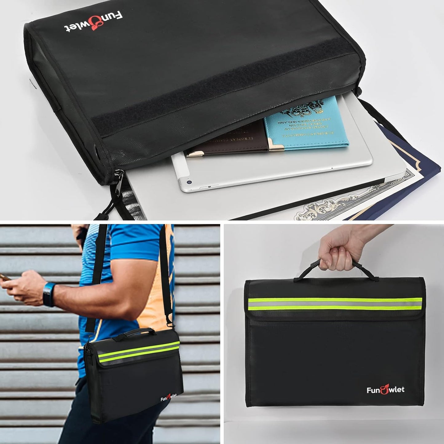 Fireproof Waterproof Money Document Bag - Large Fireproof Safe Box with Wallet Protector, Fire & Water Resistant Storage Organizer Pouch for A4 Documents Holder,File,Jewelry,Passport,Laptop (Black)