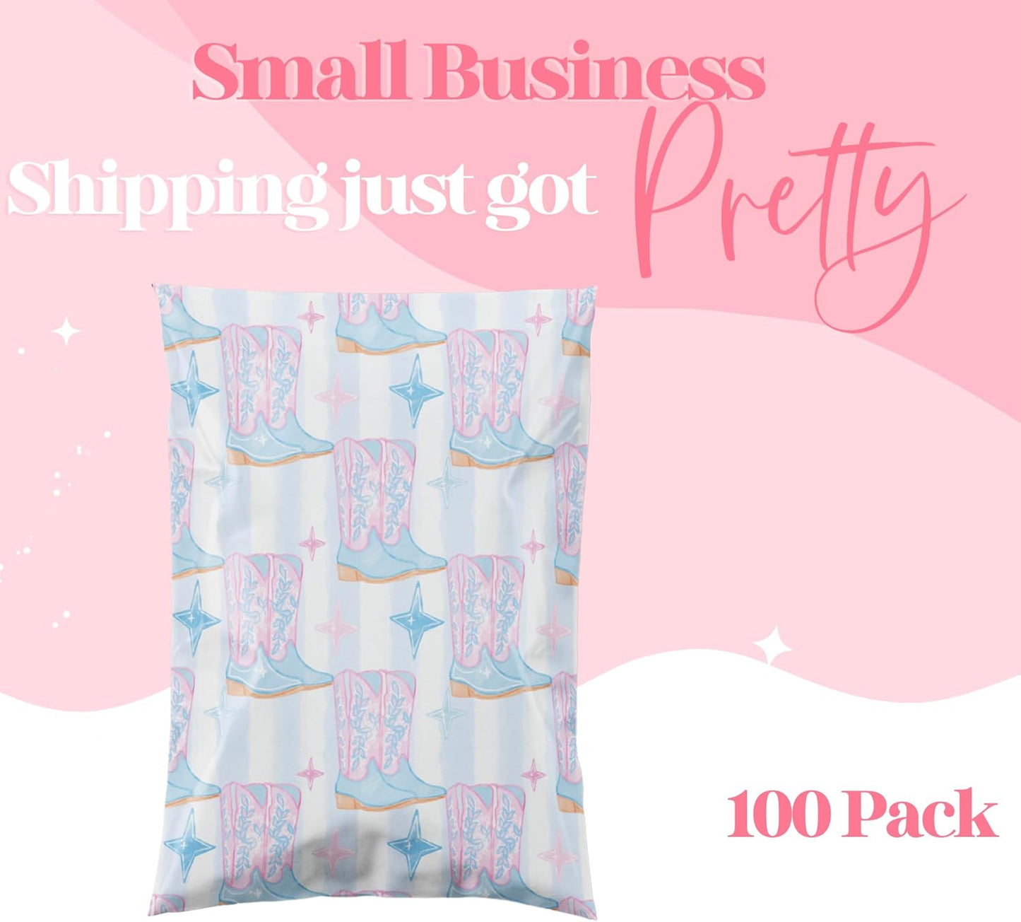 10x13 Designer Poly Mailer 100 Pack Heavy Duty Waterproof Self Seal Shipping Bags for Small Business Large Mailing Envelopes Bulk Tear Resistant Packaging Cowgirl Boots Western