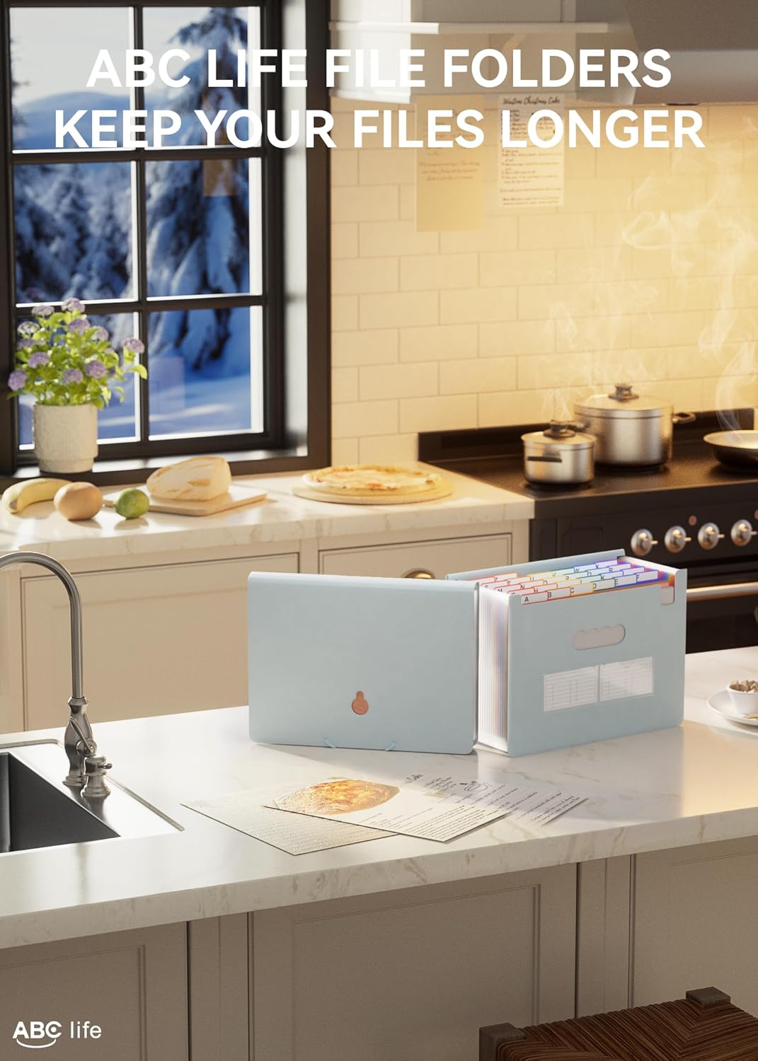 ABC life 26 Pockets Accordion File Organizer, Expanding File Folder, Portable Monthly Paper Bill Tax Receipt Organizer, Letter A4 Size Document Organizer with Blank Labels - Light Blue