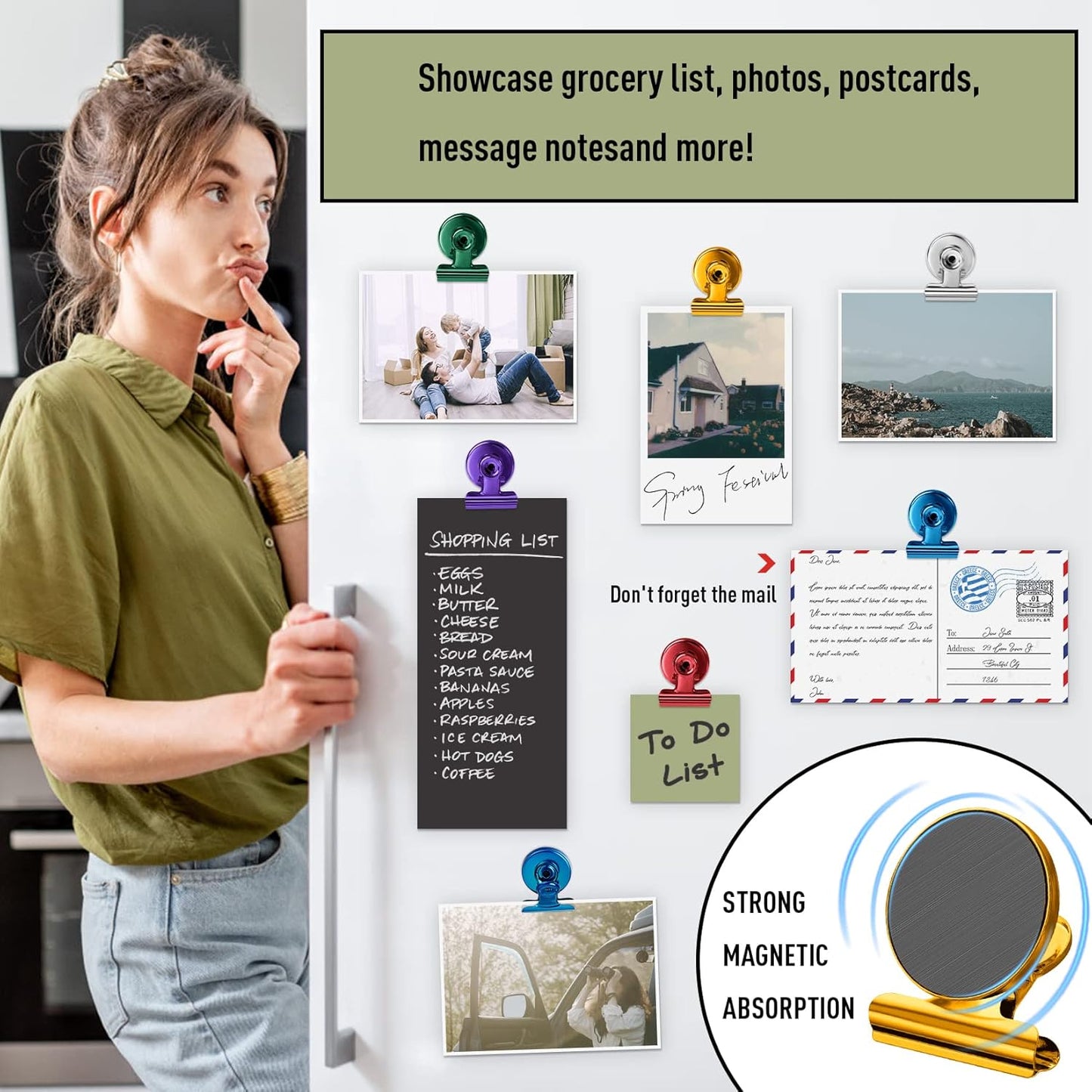 FINDMAG 12 Pack Magnetic Clips for Photo Display and Picture Hanging, Heavy Duty Scratch-Free Fridge Magnets, Strong Clips for Photo Display, Whiteboard, Office, Kitchen, School, 30mm Wide, Gold.