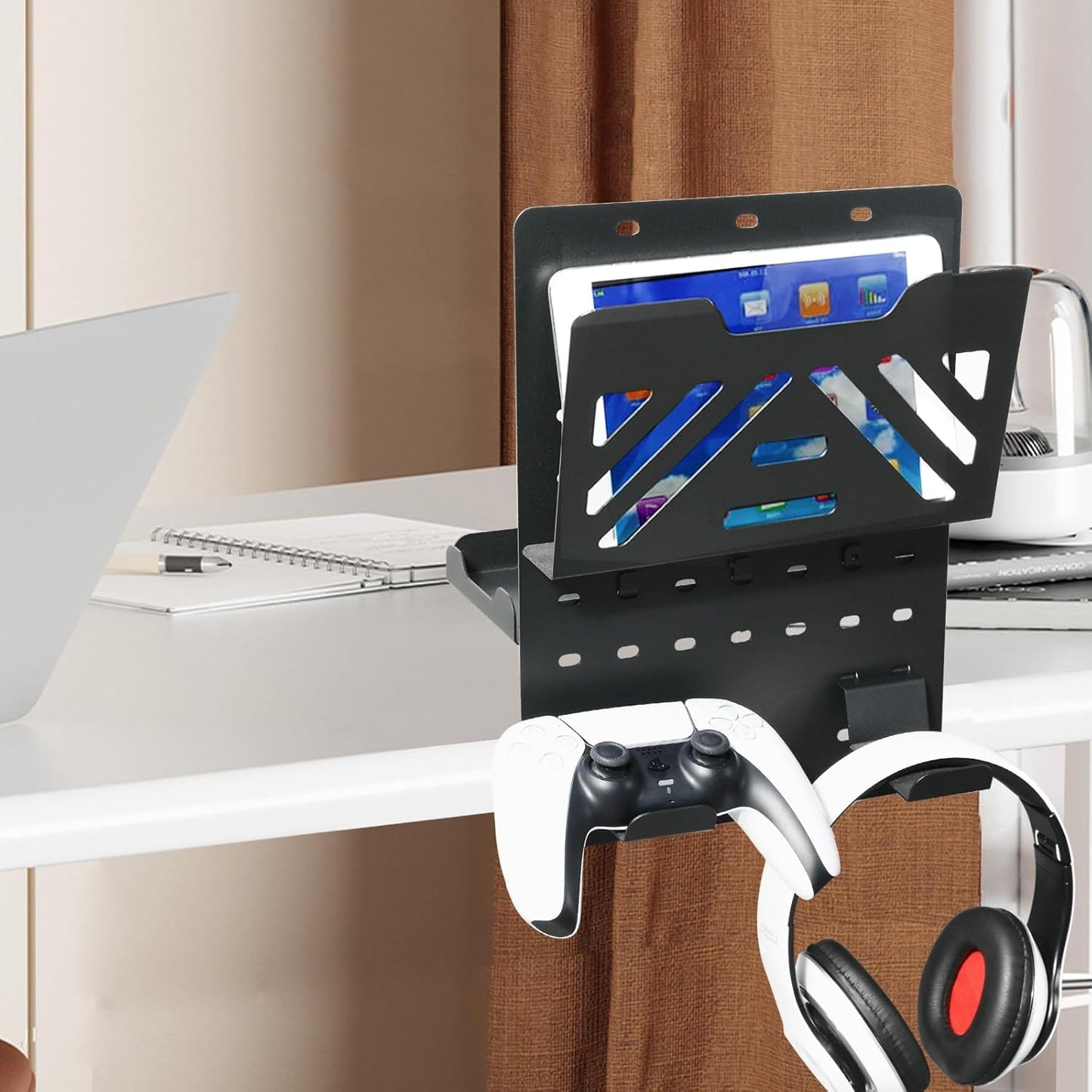 MAXECHO Desk Side Storage Holder, Metal Pegboard, Above or Under Desk Laptop Mount, Table Side Hanging File Organizer, Clamp On Cable Management Tray, Peg Board for Gaming, Office