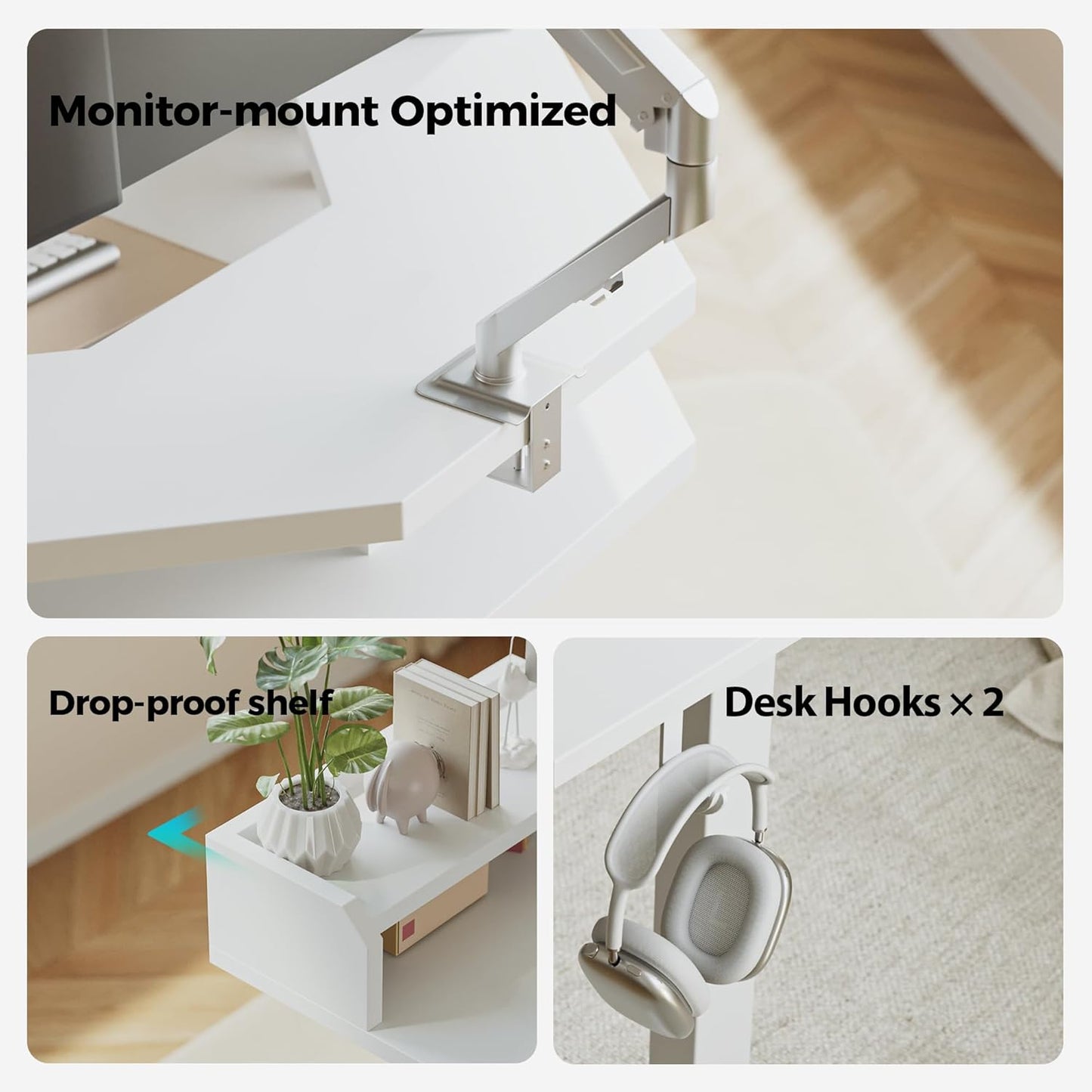 Agilestic L Shaped Standing Desk, Adjustable Height Corner Gaming Desk with Shelf, Sit Stand Up Desk, 63 x 55 Inch Home Office Computer Table, White