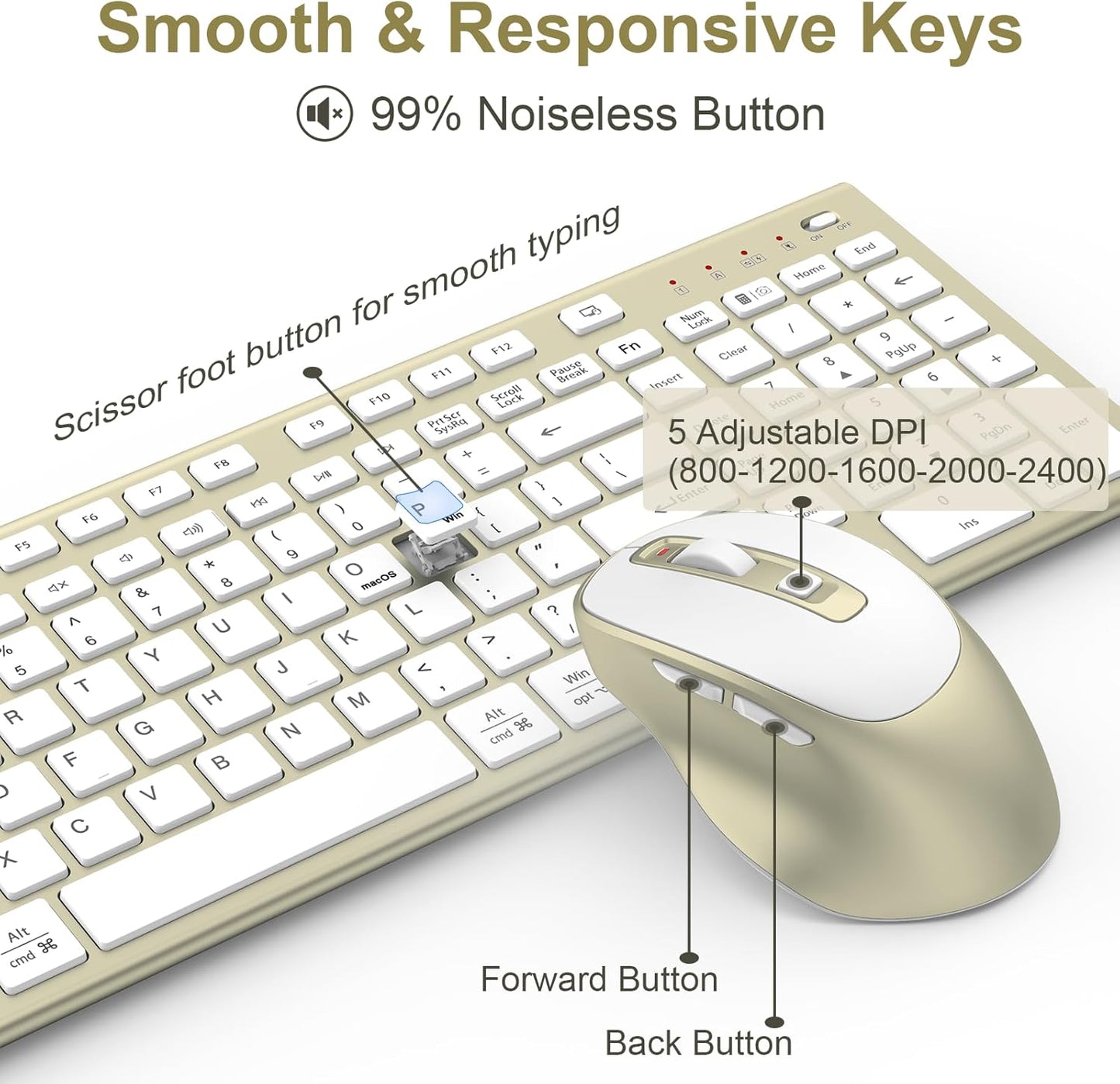 Wireless Keyboard and Mouse, USB Type C Rechargeable Slim Silent Keyboard Mouse, Compact Full-Size Keyboard with Number Pad and Cover for Windows, macOS, PC/Computer/Laptop - Gold
