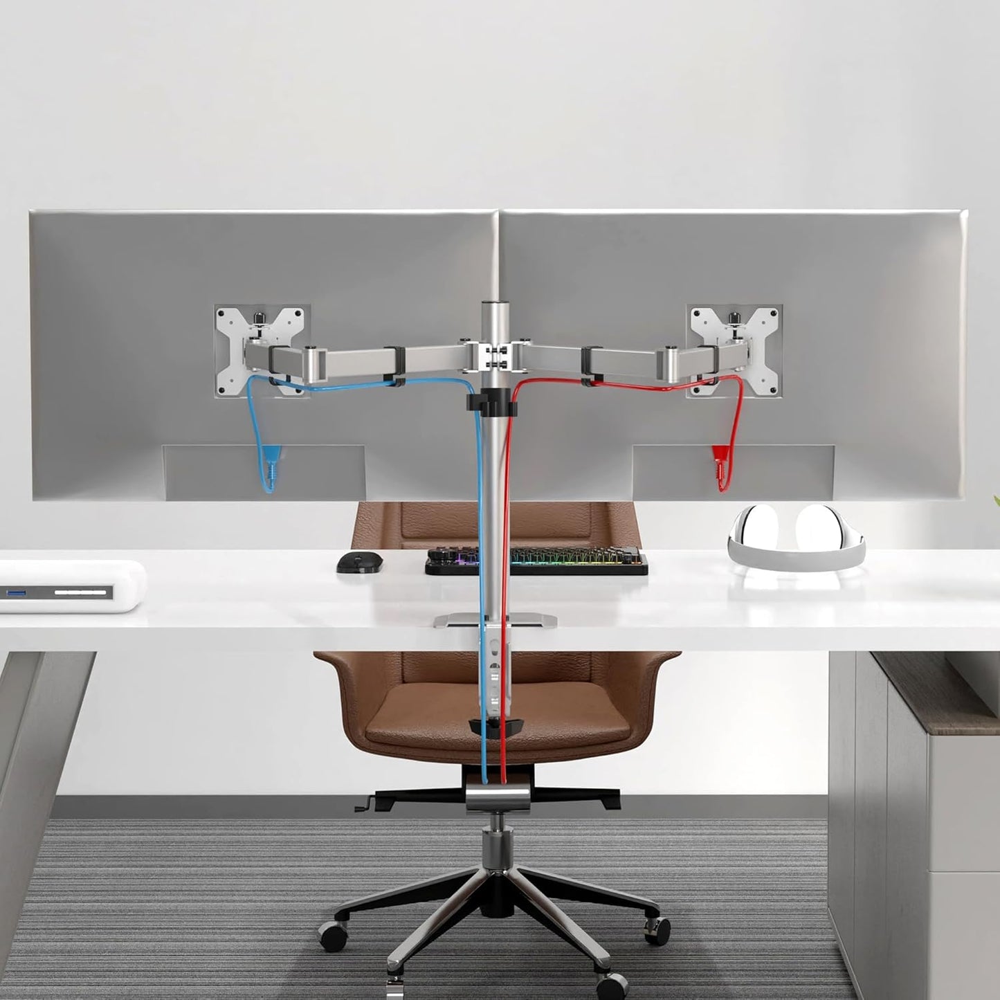 Pholiten Dual Monitor Stand, Heavy Duty Adjustable Monitor Arm Desk Mount for 2 Screens up to 38Inches, Tilt, Swivel, Rotate, Supports Tilt, Swivel, Rotate, Supports 22 lbs per Arm,Silver