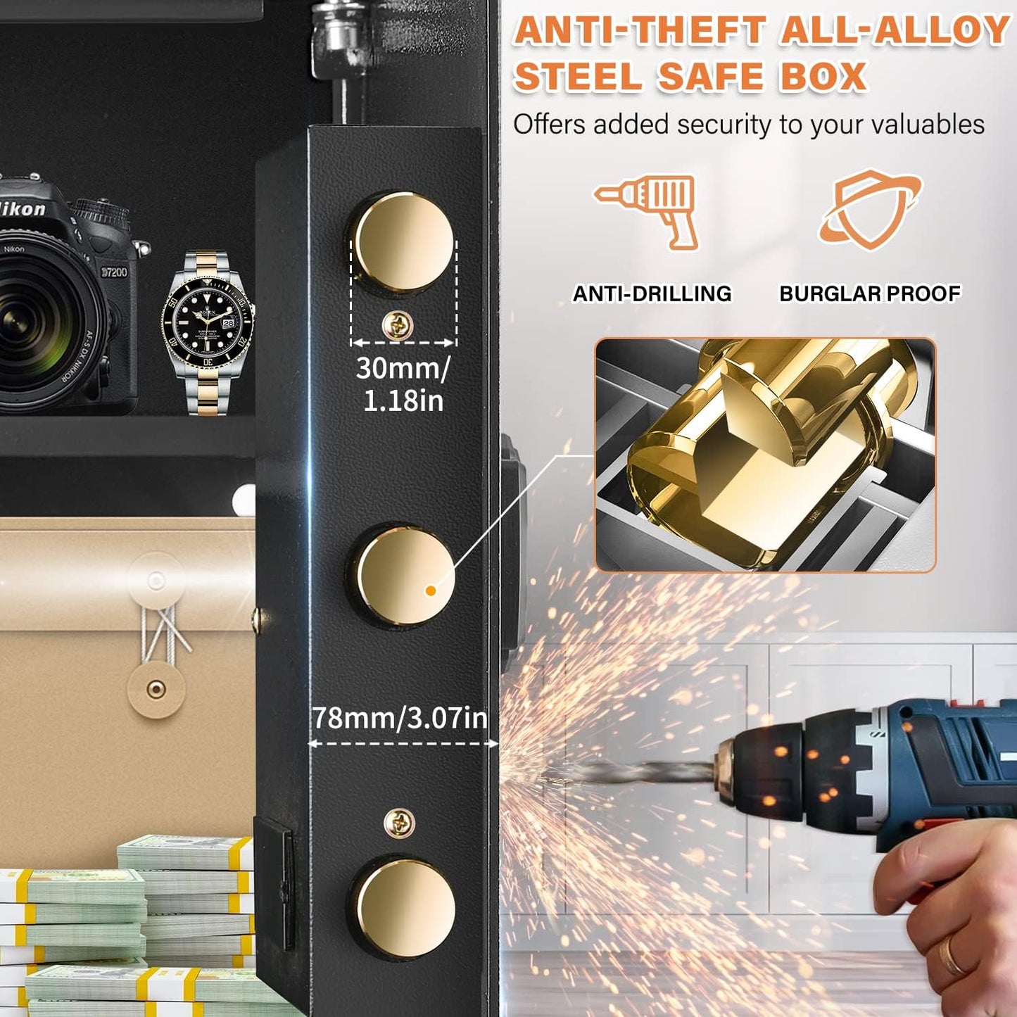 2.4 Cubic Large Fireproof Safe Box with Fireproof Document Bag, Personal Security Home Safe with Removable Shelf, Anti-Theft Lock Box for Documents Money Jewelry Valuables