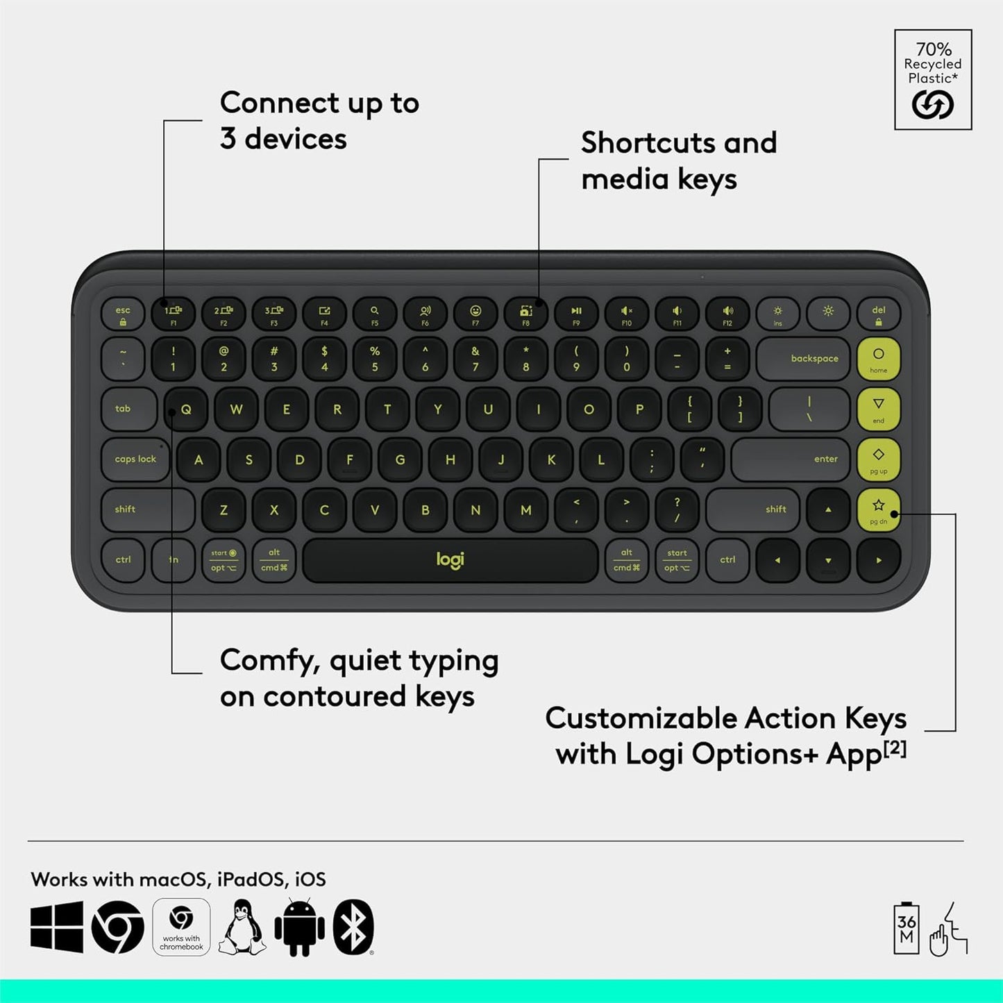 Logitech POP ICON Keys Wireless Bluetooth Keyboard, Comfortable Typing, Programmable Keys, Easy-Switch Between up to 3 Devices, for Laptop, Tablet, PC – Graphite and Green