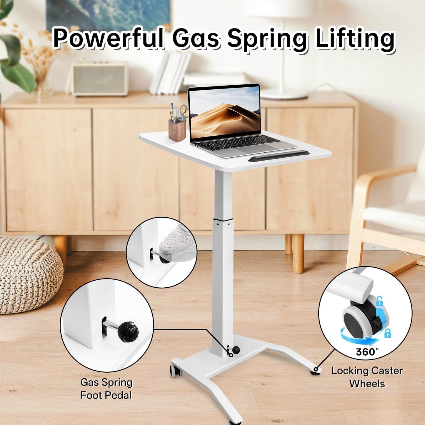 Mobile Standing Desk with 45° Tilting Desktop, Portable Rolling Standing, Height Adjustable Sit Stand Foldable with Wheels, Mobile Desk Workstation for Home Office (White, Large)