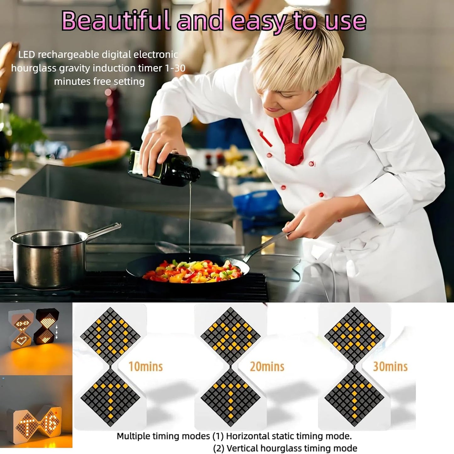 Digital Hourglass 1-30 Minute Freely Adjustable Gravity Timer Dynamic Flow Cube Led Night Light Hourglass Timer for Classroom Home Office Cooking (Black, White Light Source)