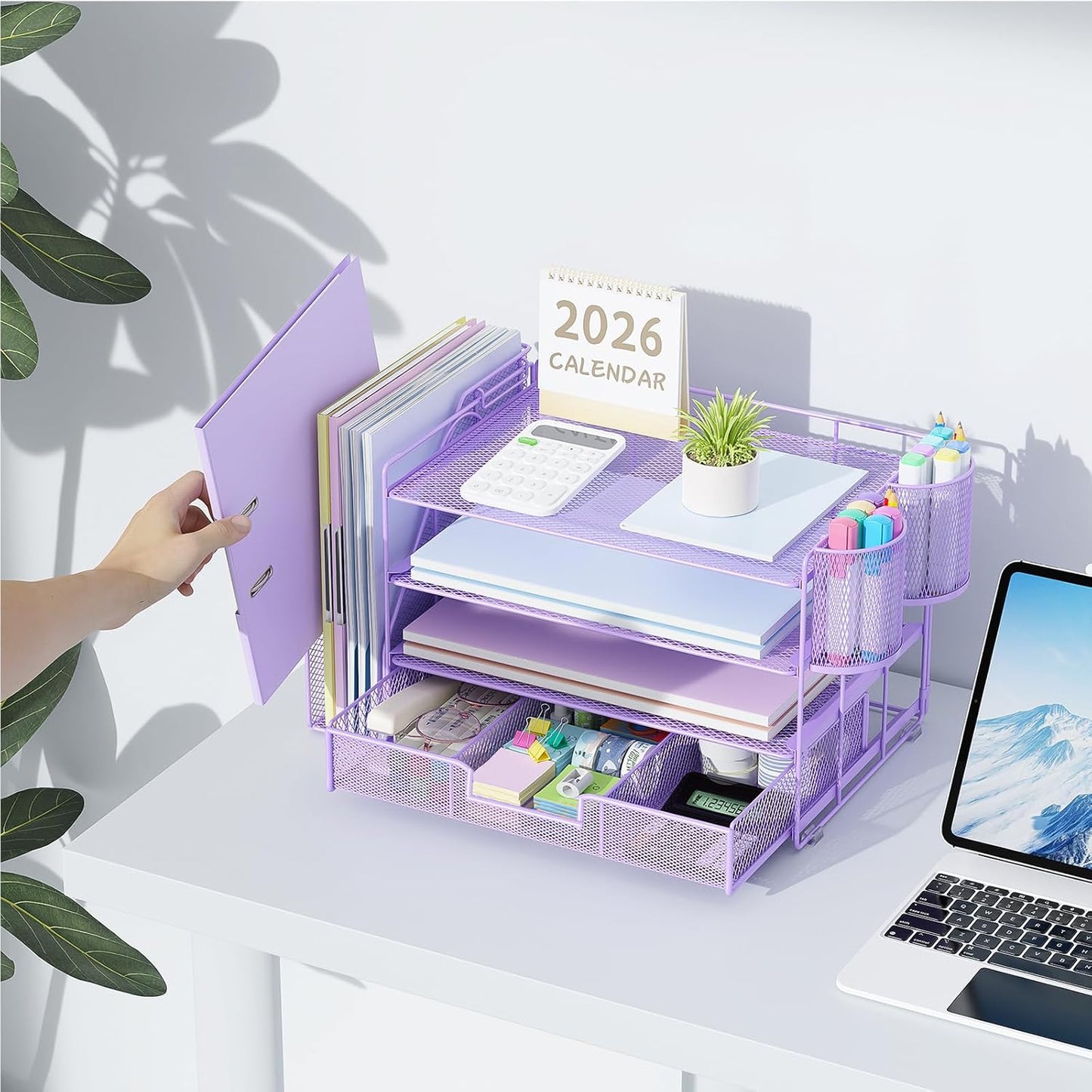 gianotter Desk Organizers and Accessories with File Holder, 4-Tier Desk Accessories & Workspace Organizers with Drawer and 2 Pen Holder, Paper Organizer for Office Supplies (Purple)