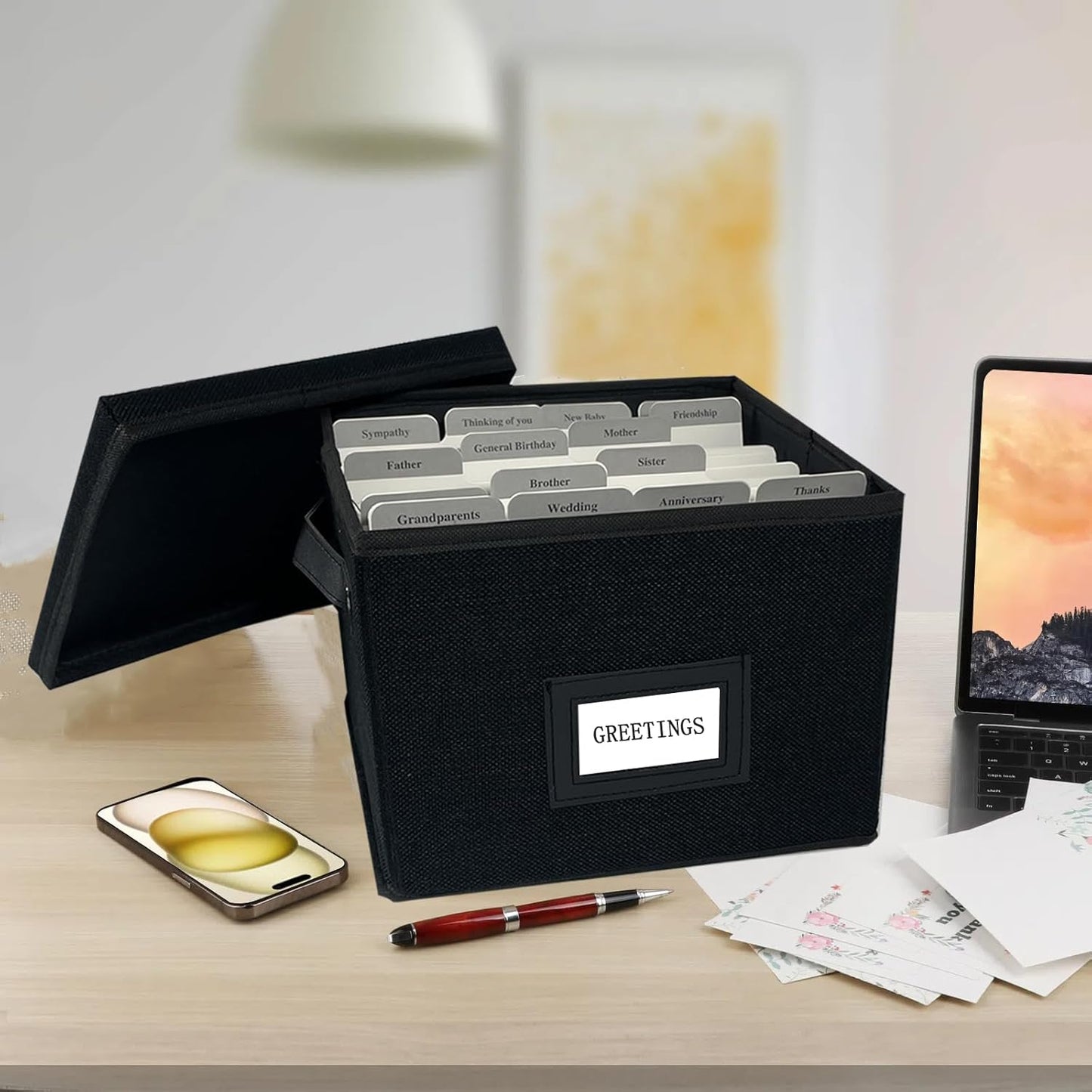 Greeting Card Organizer Box with 16 Dividers,Collapsible Greeting Card Storage Box with Handles Hold 150+ Cards,Greeting Card Holder for Greeting Cards,Sticker, Recipes, Photos, Envelopes