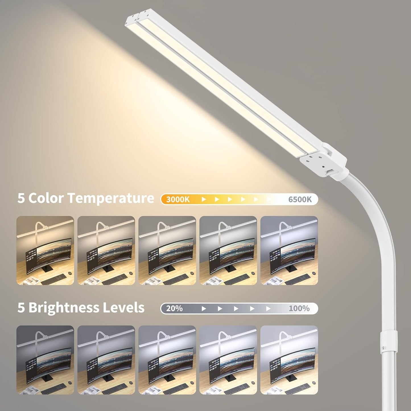 Desk Lamp Architect Task Dual Head Modern Flexible Gooseneck Tall Dimmable Light for Home Office, 5 Color Modes,Remote Control, 1500lm 24W Extra Bright Lighting